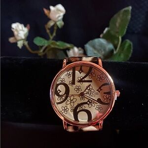 WECIN Watch Womens Bronze Stainless Steel Big Floral Bgd w/Leopard Leather Band